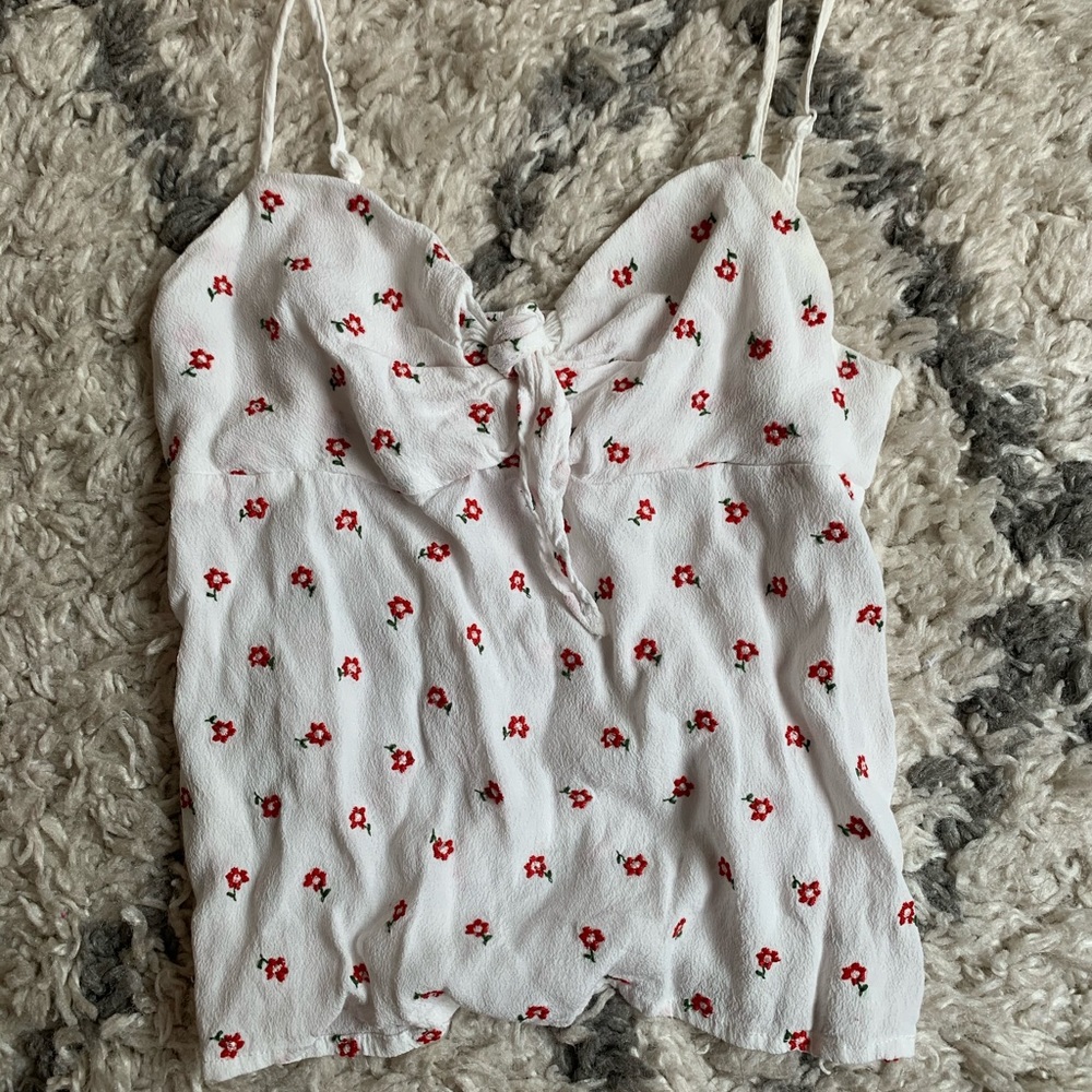 Brandy Melville White with Flowers Tie Front Tank